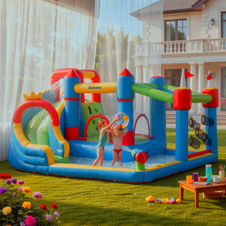 Sunvega Inflatable Bounce House with Slide Climbing Wall Water Cannon for Kids
