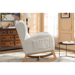 Sunvega Teddy Fabric Rocking Chair With Wood Legs For Living Room And Bedroom