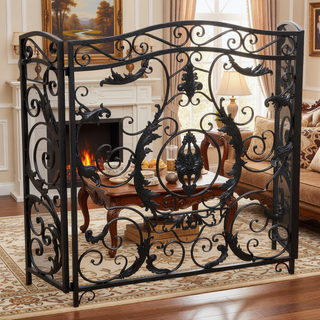 Sunvega Traditional Iron Fireplace Screen with Three-Panel Design and Floral Accents