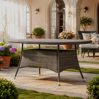 Sunvega Outdoor Oval Wicker Dining Table with Silver-Tipped Legs for Patio