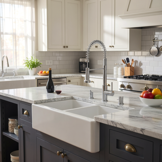 Sunvega 33 Inch White Porcelain Ceramic Farmhouse Kitchen Sink Workstation with Reversible Apron
