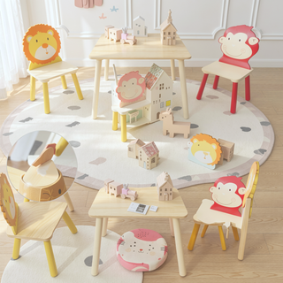 Sunvega Kids Table and 2 Chairs Set Wooden Activity Play Table with Bear and Tiger Design