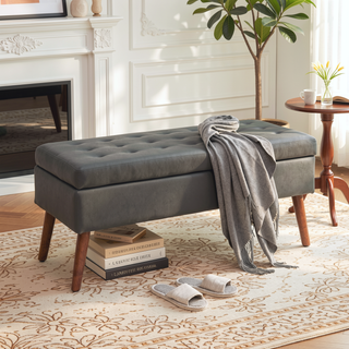 Sunvega Tufted Beige Storage Ottoman Bench with Safety Hinge for Bedroom