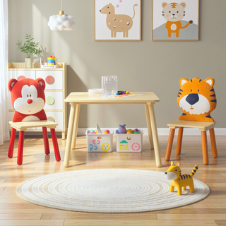 Sunvega Kids Table and 2 Chairs Set Wooden Activity Play Table with Bear and Tiger Design