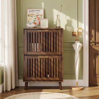 Sunvega Walnut Farmhouse Buffet Cabinet with Louvered Doors and Adjustable Shelves