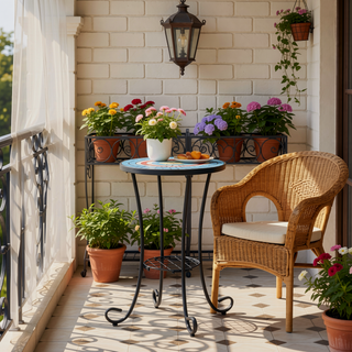 Sunvega Brown and Black Ceramic Side Table with Slatted Shelf for Patio