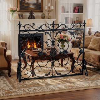 Sunvega Ornate Iron Fireplace Screen with Aged Powder Coated Black Finish