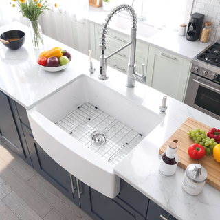 Sunvega 33 Inch White Porcelain Ceramic Farmhouse Kitchen Sink Workstation with Reversible Apron