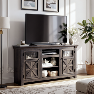 Sunvega Farmhouse TV Stand with 2 Doors and Open Storage for Media Console