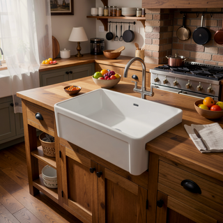Sunvega 33 Inch White Porcelain Ceramic Farmhouse Kitchen Sink Workstation with Reversible Apron