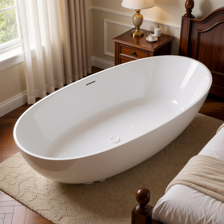 Sunvega Glossy White Freestanding Soaking Bathtub with Overflow and Pop-up Drain