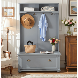 Sunvega Classic Coastal Style Entryway Bench with Open Shelves and Shoe Storage Cabinets