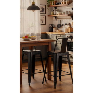 Sunvega 24" Sanded Matte Black Industrial Metal Barstools with Bucket Back, Set of 4