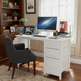 Sunvega Office Desk with Power Outlet 3 Drawers Side Pocket and Reversible Frame
