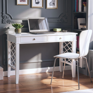 Sunvega White Writing Desk with Lattice Side Panels and Two Drawers