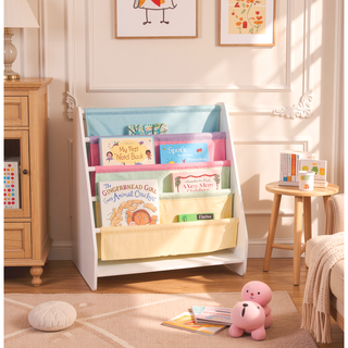 Sunvega Hand Carved and Painted White Wooden Canvas Sling Magazine Bookcase for Kids