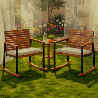 Sunvega Acacia Wood Rocking Chairs Set of 2 with Cushions and Armrests for Patio