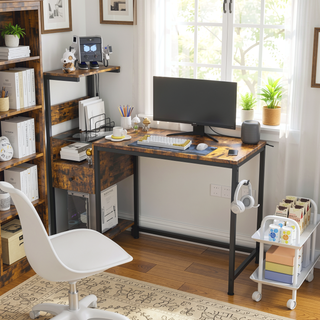 Sunvega Gaming Desk with LED Lights USB Ports Charging Station and Reversible Shelves