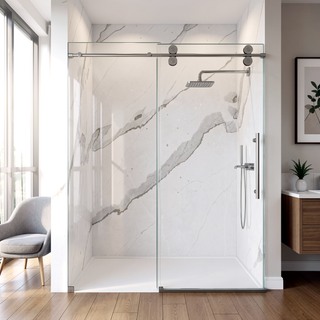 Sunvega Frameless Single Sliding Shower Door with 8mm Tempered Glass and Chrome Finish