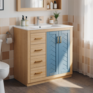 Sunvega 30 Inch Solid Wood Freestanding Bathroom Vanity with Ceramic Sink and Storage