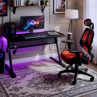 Sunvega Black and Red Gaming Desk with LED Light and USB Port for Charging