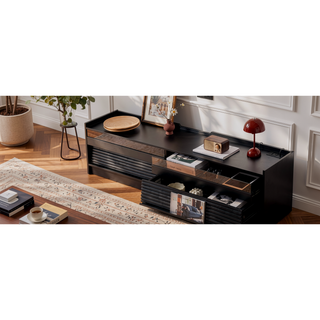 Sunvega Modern TV Stand with Four Tempered Glass Drawers and Built-in Charging Ports