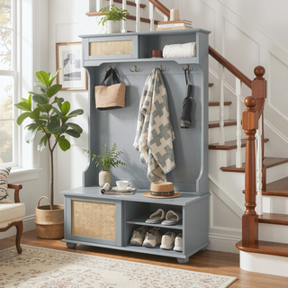 Sunvega Hall Tree Storage Bench with Rattan Door and Shoe Rack for Entryway