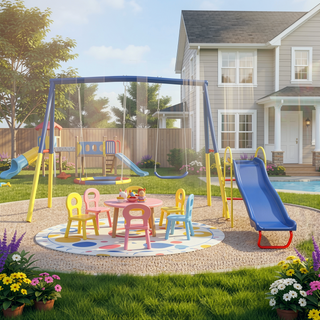 Sunvega Heavy-Duty A-Frame Metal Outdoor Swing Set with Saucer and Belt Swings