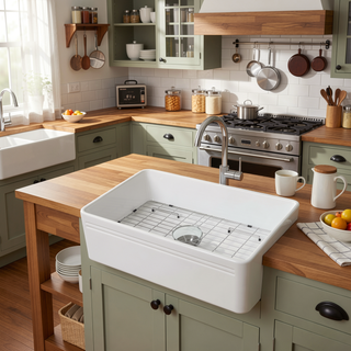 Sunvega 33 Inch White Porcelain Ceramic Farmhouse Kitchen Sink Workstation with Reversible Apron
