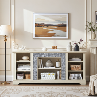 Sunvega Modern Faux Stacked Stone Mantel TV Media Stand with Open Storage