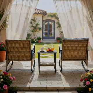 Sunvega 3pcs Rocking Rattan Chair Set with Side Table for Outdoor Relaxation