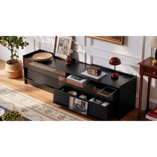 Sunvega Modern TV Stand with Four Tempered Glass Drawers and Built-in Charging Ports