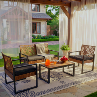 Sunvega Modern Outdoor Patio Furniture Set with Acacia Wood Table and PE Rattan