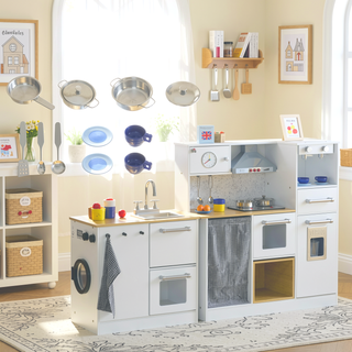 Sunvega Wooden Corner Play Kitchen Set with Sound Effects and Tons of Countertop Space