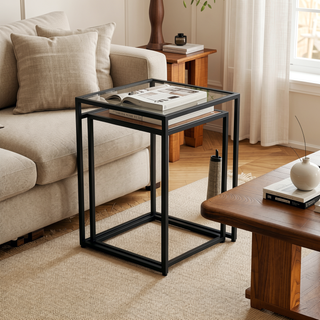 Sunvega Modern Glass & Metal Nesting Table Set with Sleek Frames for Living Room