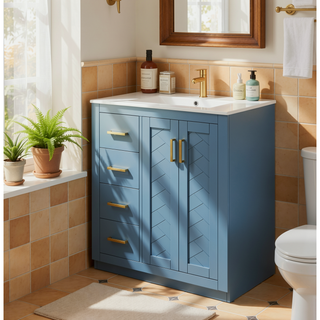 Sunvega 30 Inch Solid Wood Freestanding Bathroom Vanity with Ceramic Sink and Storage