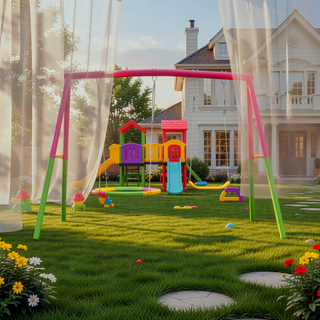 Sunvega Heavy-Duty A-Frame Metal Outdoor Swing Set with Saucer and Belt Swings