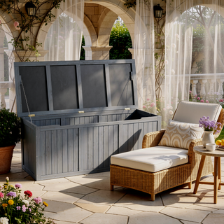 Sunvega 67 Gallon Outdoor Wooden Deck Box with Seat and Table Top