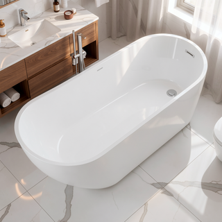 Sunvega 59 Inch Acrylic Freestanding Soaking Tub with Gold Overflow Drain