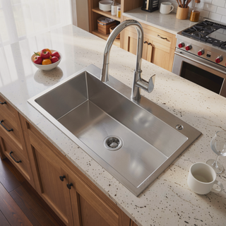 Sunvega 32x19 Inch Overmount Single Bowl Kitchen Sink in Brushed Nickel