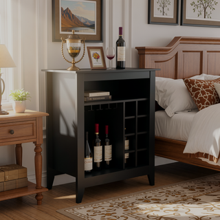 Sunvega Weathered Acacia Wood Wine Cabinet with Two Doors and Storage Cubbies