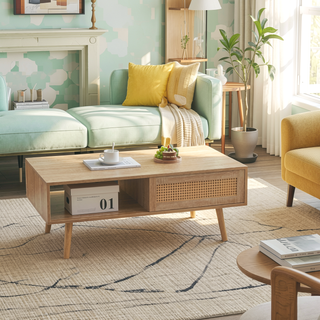 Sunvega Rattan Woven Coffee Table with Sliding Door Storage and Solid Wood Legs