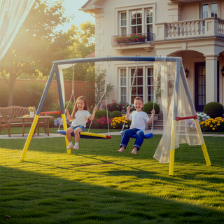 Sunvega Heavy-Duty A-Frame Metal Outdoor Swing Set with Saucer and Belt Swings