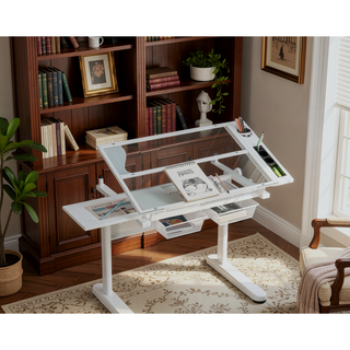 Sunvega Adjustable Height Drafting Table with Tiltable Tempered Glass Top and Stool