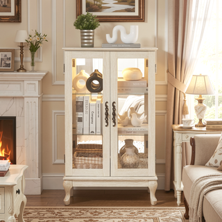 Sunvega American Retro Style Glass Curio Cabinet with Illuminated Display and Mirrored Back