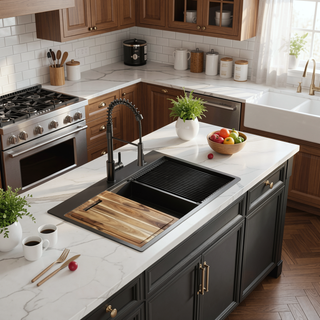 Sunvega 32 Inch Gunmetal Black Workstation Sink with Accessories and Jewelry-Grade PVD Coating