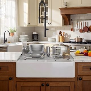 Sunvega 30 Inch White Fireclay Farmhouse Kitchen Sink with Reversible Workstation Design