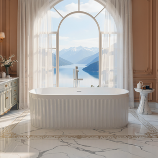 Sunvega 67 Inch Freestanding Solid Surface Soaking Bathtub with Overflow Drain