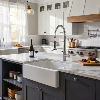Sunvega 33 Inch White Porcelain Ceramic Farmhouse Kitchen Sink Workstation with Reversible Apron