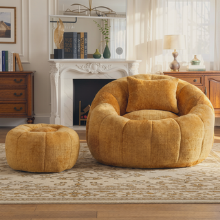 Sunvega Modern Pumpkin Shape Bean Bag Chair with Ottoman for Living Room